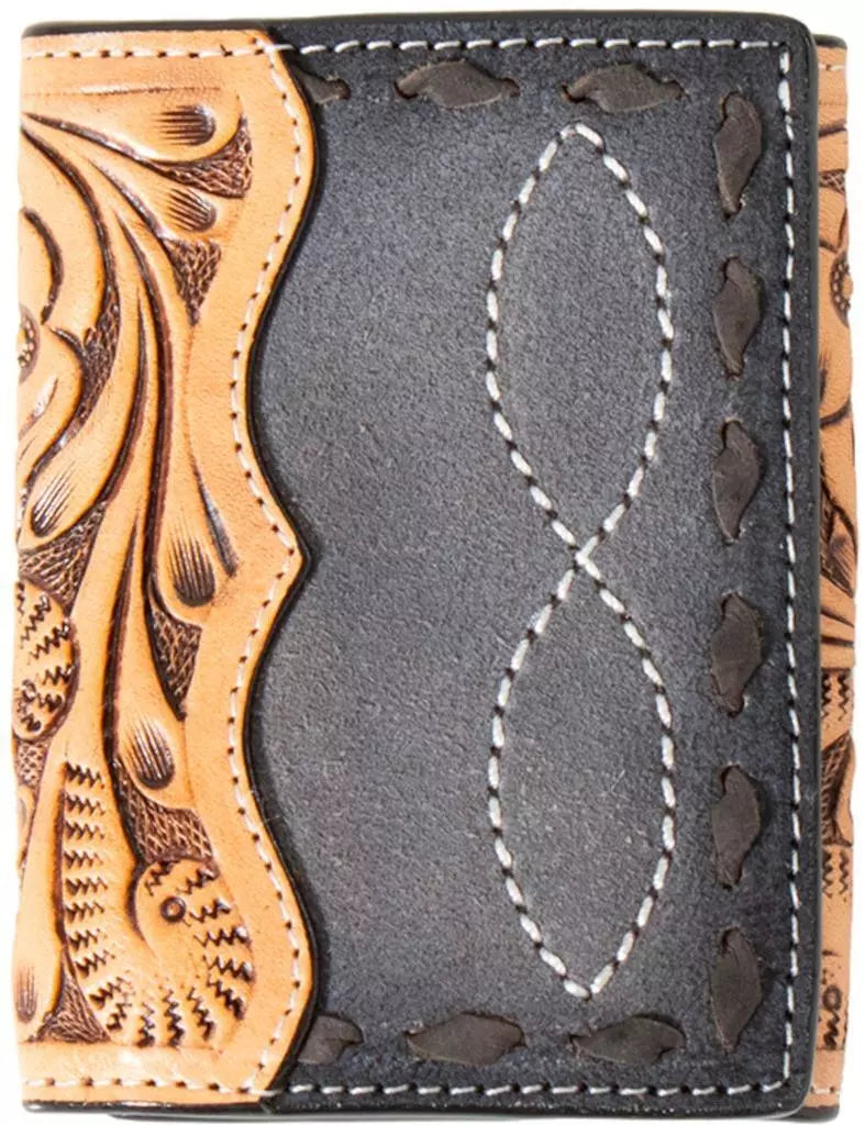 3D Western Trifold Wallet Roughout Leather Buck Laced Floral