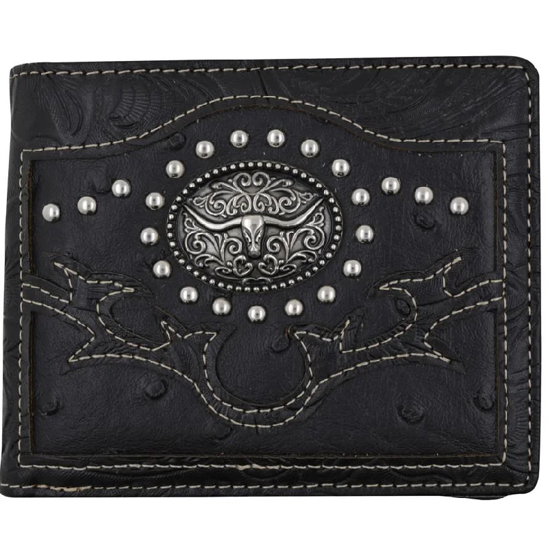 Black Western Ostrich Longhorn Design Men Bi-Fold Wallet