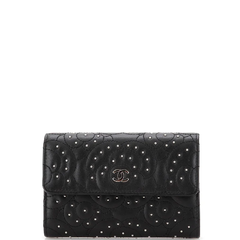 Camellia Flap Wallet Studded Camellia Lambskin