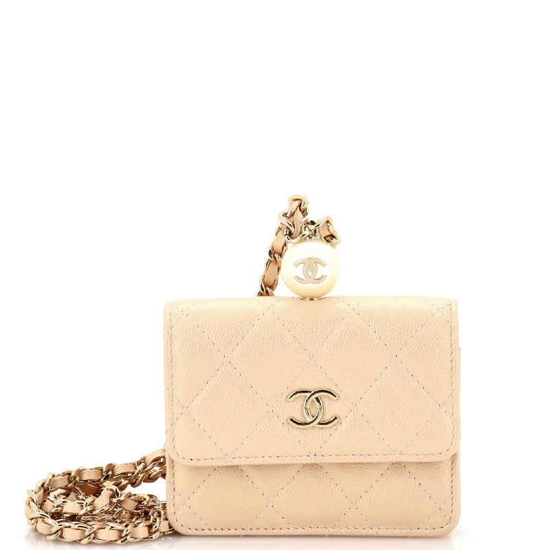 CC Pearl Coin Card Holder with Chain Quilted Iridescent Caviar