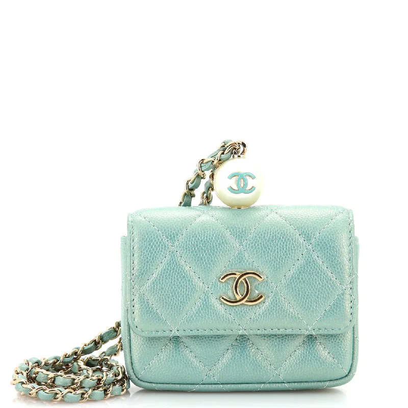 CC Pearl Coin Card Holder with Chain Quilted Iridescent Caviar