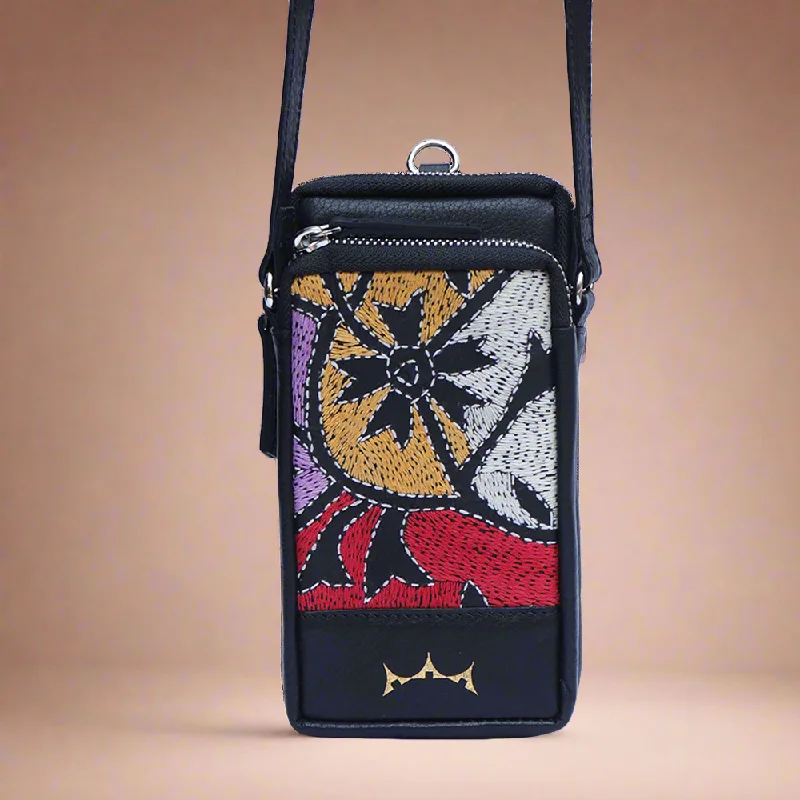 Leather Embroidery Mobile Sling - Black