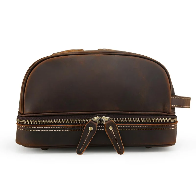 Dark Brown Leather Travel Cosmetic Toiletry Bag