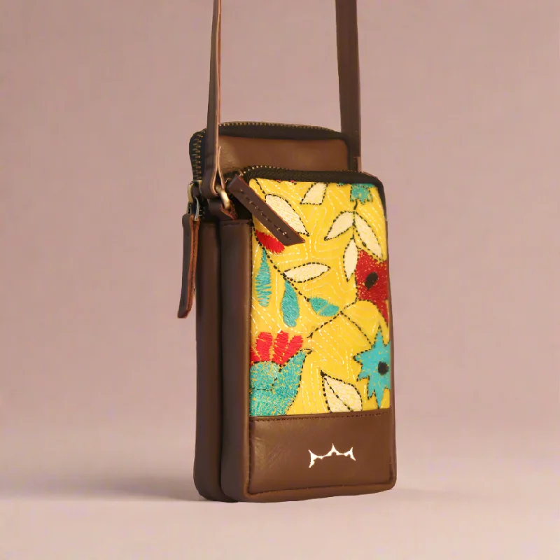 Leather Embroidery Mobile Sling - Brown