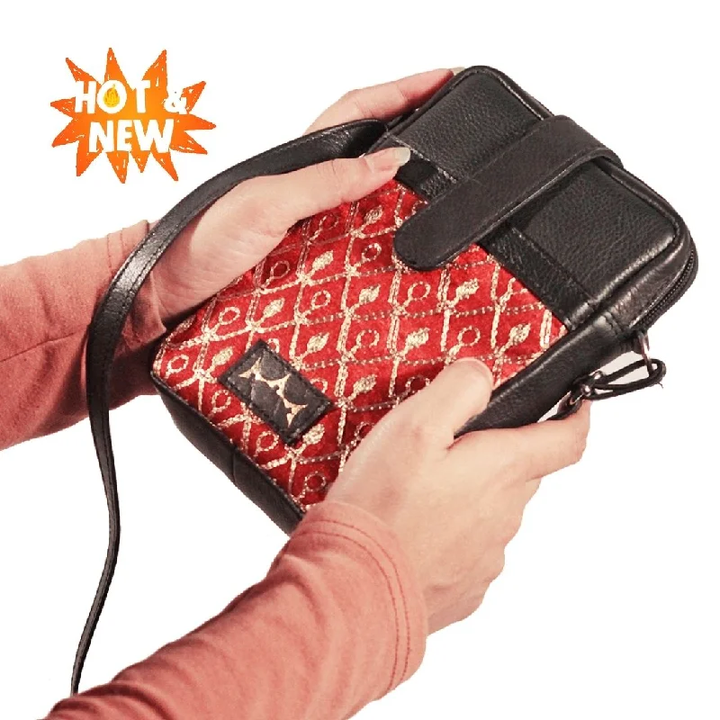 Leather & Zari Mobile Sling - Rose Red & Black