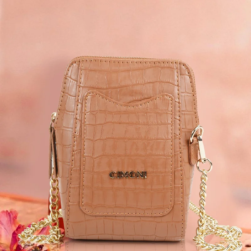 Matte Croco Tan Brown Mobile Sling Bag for Girls with Chain Strap