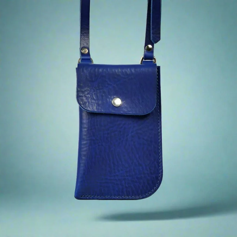 Mobile Sling for Women - Genuine Crunch Leather Raw Edge Blue