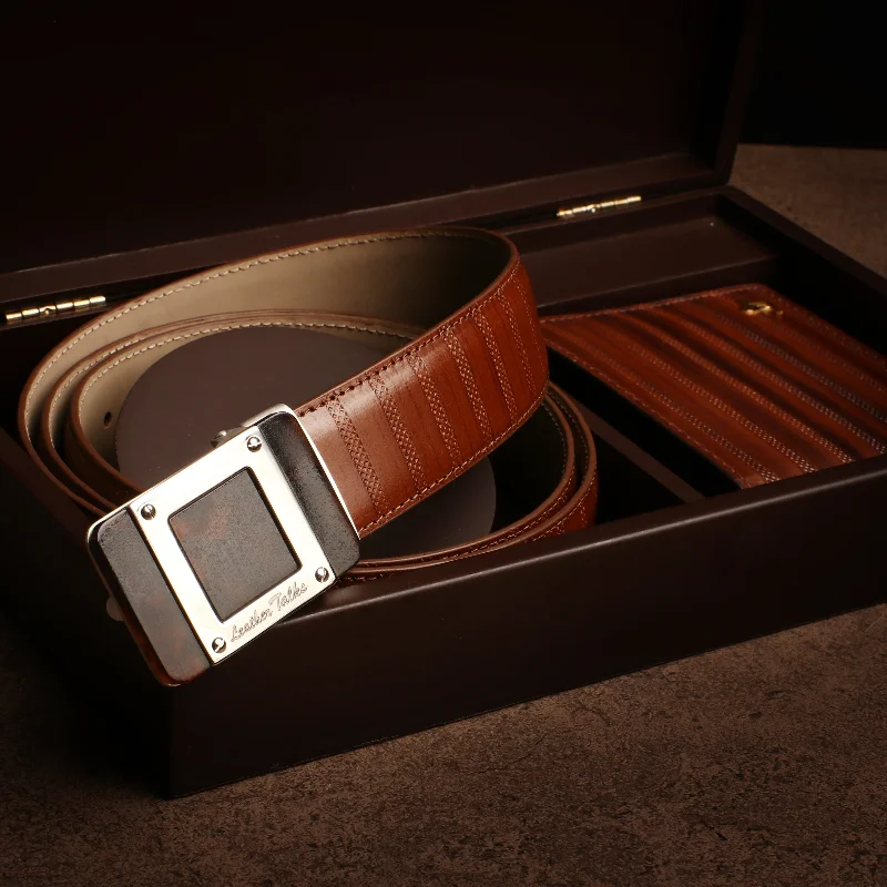 Italian VT Stripe | Genuine Leather Wallet & Belt Set | Colour: Brown