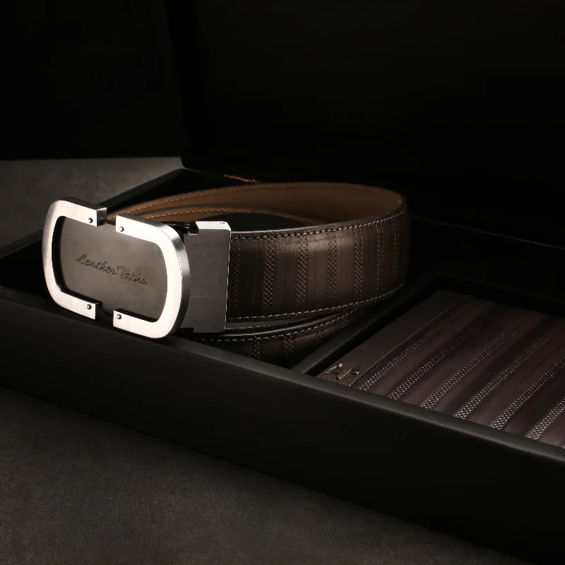 Italian VT Stripe | Genuine Leather Wallet & Belt Set | Colour: Grey