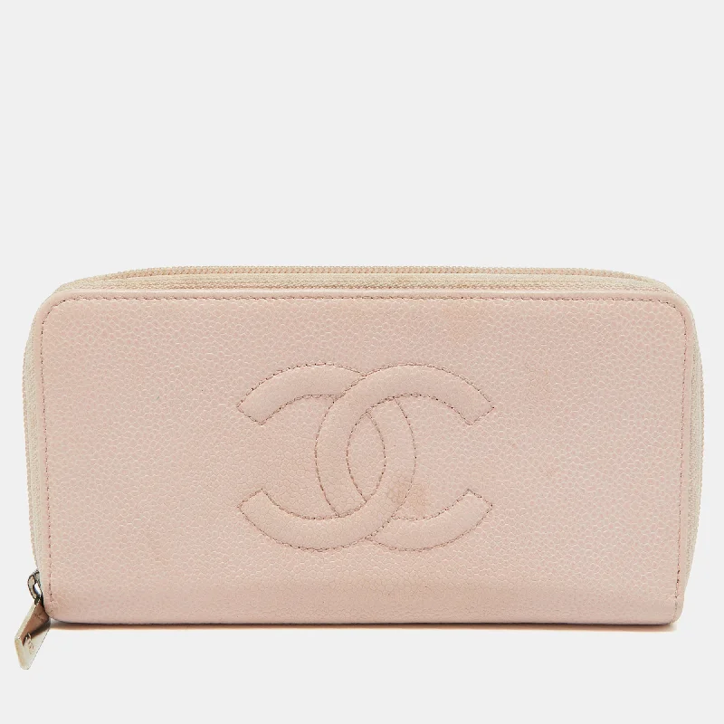 Chanel Pink Caviar Leather Cc Timeless Zip Around Wallet