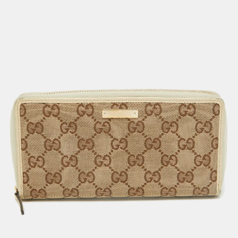 Gucci Beige Gg Canvas And Leather Zip Continental Wallet