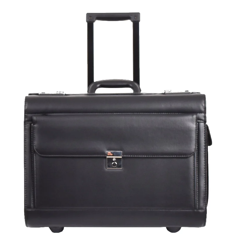 Wheeled Faux Leather Pilot Case Flight Carry on Cabin Bag HOL691 Black