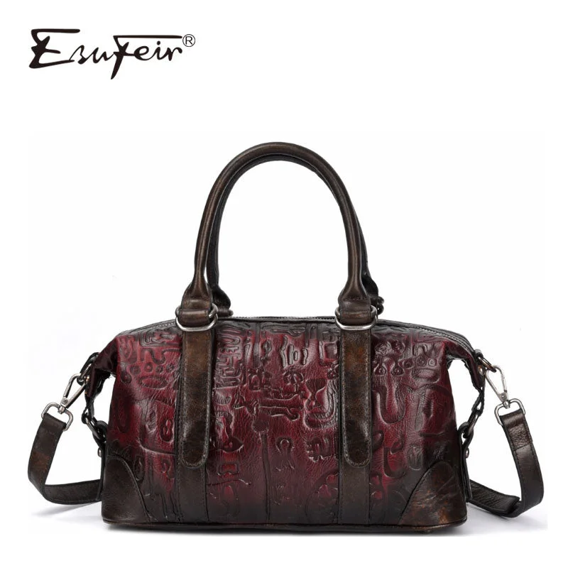 Esufeir 2019 New Genuine Leather Embossed Ladies Handbag Vintage Shoulder Bag Messenger Bag