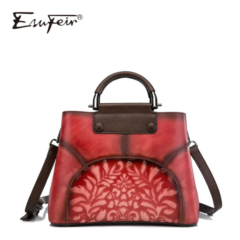 Esufeir New Embossed Genuine Leather Women Handbag Vintage Shoulder Bag Patchwork Messenger Bag