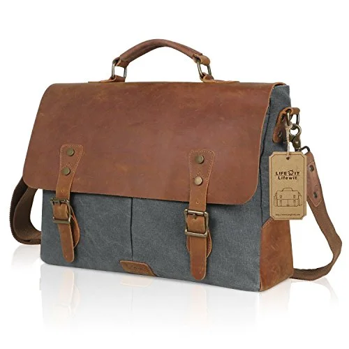 Lifewit Genuine Leather Vintage 15.6" Laptop Canvas Messenger Satchel Bag (Grey)